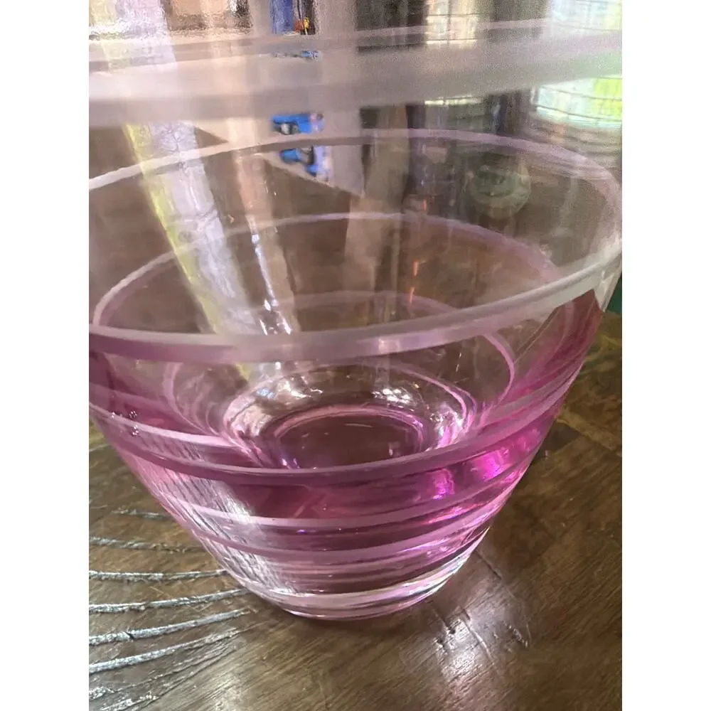 Rose Pink Glass Large Vase Etched Pink Stripes Bands 8